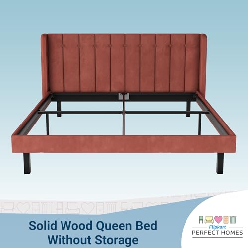Image of Wooden Modern Upholstered Queen Size Bed for Bedroom | Wooden Double Bed Without Storage | Platform Cot Upholstered Bed with Upholstery Fabric | Engineered Wood | 6.5 x 5 Ft | Brown
