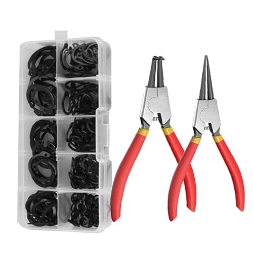 200pcs C-Clip Washers External Retaining Circlips Snap for Bearing Shaft with 2pcs 7" Curved Straight Tip Pliers Set