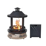 28-Inch Outdoor Gas Fire Pit with Tank Cover, 65,000 BTU Lantern Top Patio Propane Fire Pit, Gazabo Gas Fireplace with Faux Stone Base, Lava Rocks, Cover & Pre-Attached 10ft Propane Hose