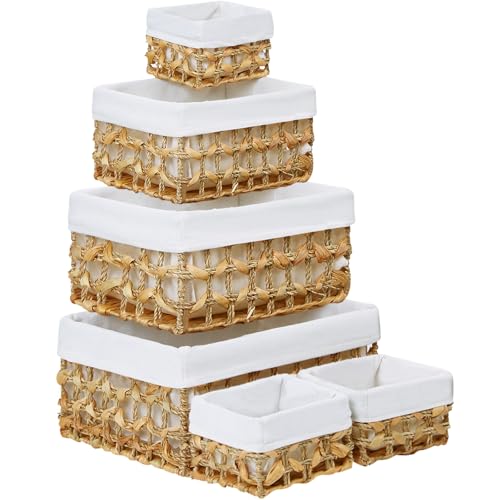 Vagusicc Wicker Storage Basket, 6 Pack Baskets for Organizing, Water Hyacinth Storage Baskets, Rectangular Wicker Baskets for Storage Shelves, Cube Storage Bins For Closet/Clothes/Dresser