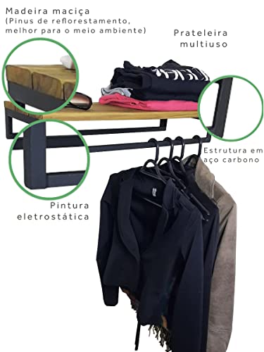 Cabideiro De Parede Multiuso 60 x 23 cm Ferro e Madeira Resistente SD-5012 Cor: Preto