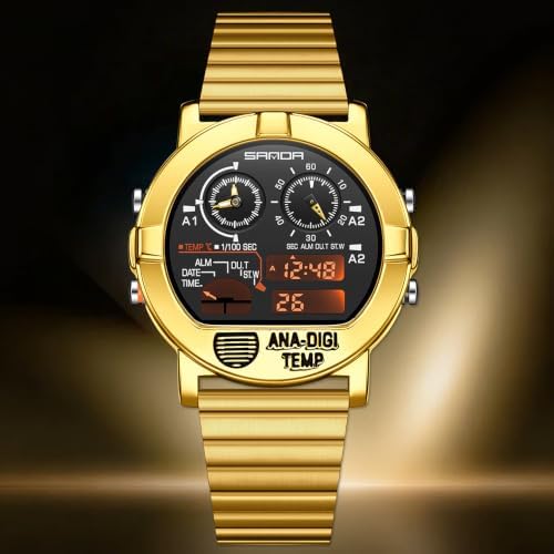 Gosasa Men's Analog Digital Watch Temperature Display Stainless Steel Band (Gold Black) - 5