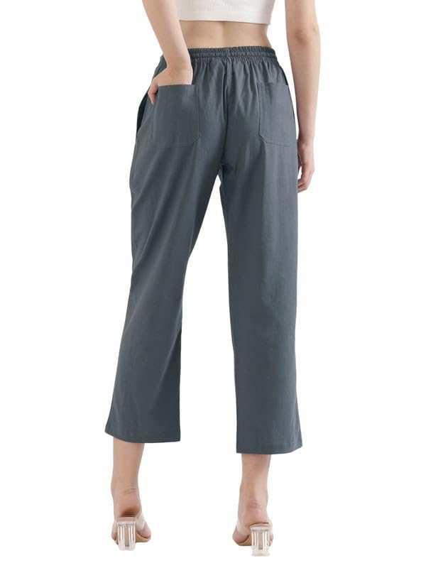 Image of SAADAA Women's Airy Linen Straight Pants | Regular Fit Trousers | Half Elasticated with Drawstrings & Buttons | 4 Pockets | Everyday & Office Wear