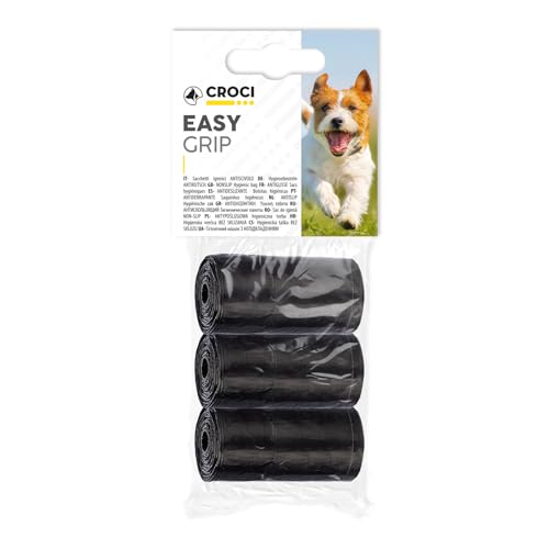 Croci Easy Grip- Sacchetti igienici per bisogni dei cani, 3 Rotoli Totali 60 Sacchetti, resistenti, antislittamento, Nero