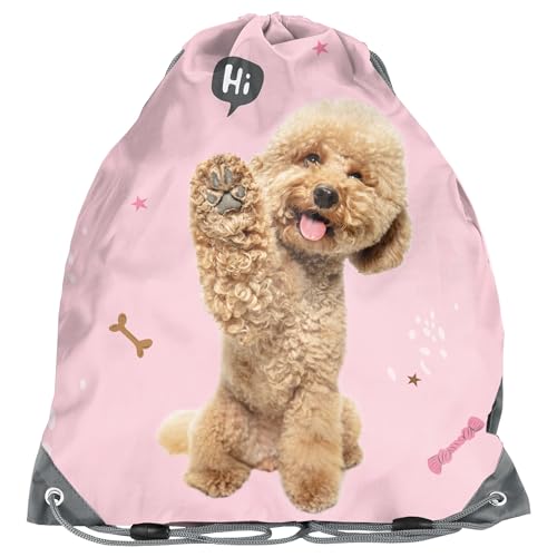 Kinder Turnbeutel/Sportbeutel 36x32 cm - Pudel Hund - rosa/dunkelgrau