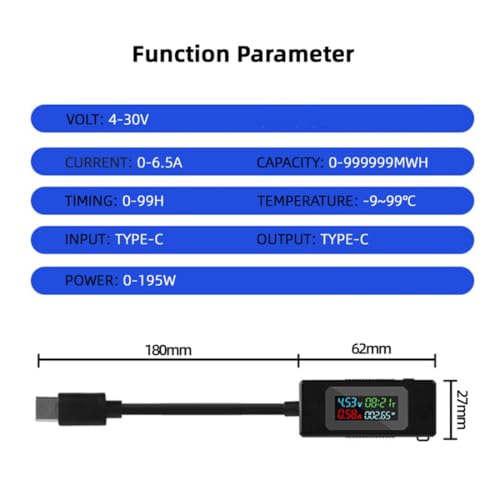 Image of chenyang USB C Power Tester Digital Multimeter 4-30V 0-6.5A Color Screen Digital Display Real-Time Monitoring of Current /Voltage /Power /Work Time