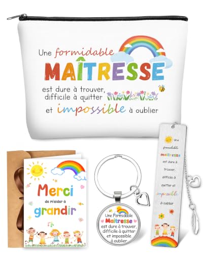 Cadeau Maitresse d'École Fin d'Année, Trousse de Maquillage Merci Carte Remerciement Marque Page Porte Clés et Enveloppe, Cadeaux Maitresse et Atsem - Merci De M'aider À Grandir