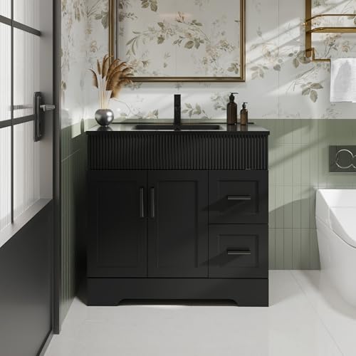 Image of eclife 36 inch Bathroom Vanities Sink Combo with Painted Surface, Modern Drawered Cabinet W /Decorative Wave Lines, Undermount Black White Sink, Matte Black Faucet Drain, Black