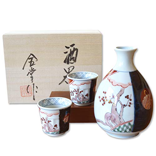 有田焼 酒器 セット 贈答用にもうれしい木箱ギフト徳利1個 ぐい呑み盃2個 古伊万里(丸) 日本酒 波佐見焼 磁器