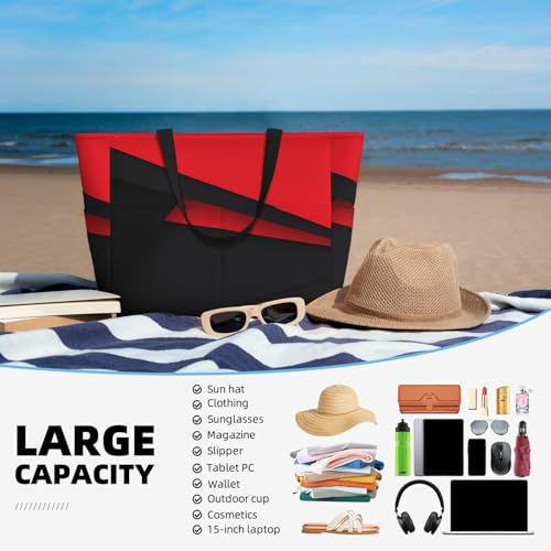 Red Black Print Large Capacity Beach Tote Bag for Women, Waterproof Beach Travel Bag4