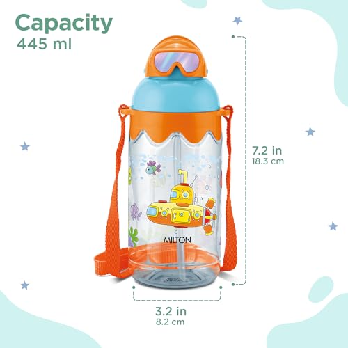 Image of MILTON Sage 450 Sipper PET Water Bottle for School Kids | Food Grade & BPA Free | Leak Proof & Durable | Easy to Carry Loop | Ideal for Home, School & Office Use, 445 ml, Orange