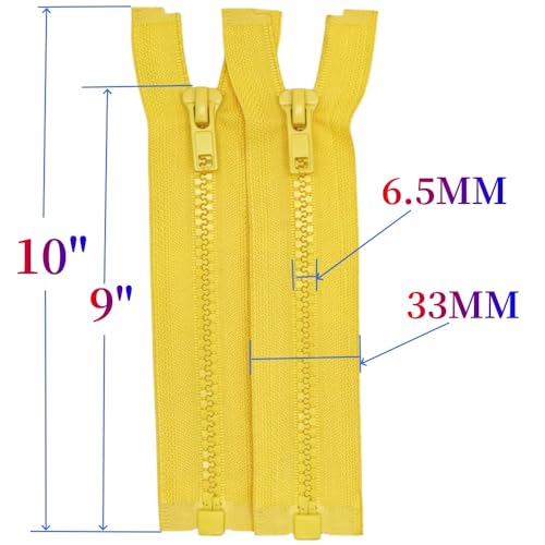 Image of MebuZip 2PCS #5 9 Inch Separating Jacket Zippers Resin Zipper Molded Plastic Zippers Bulk for Sewing Coat Jackets Clothes (Yellow)