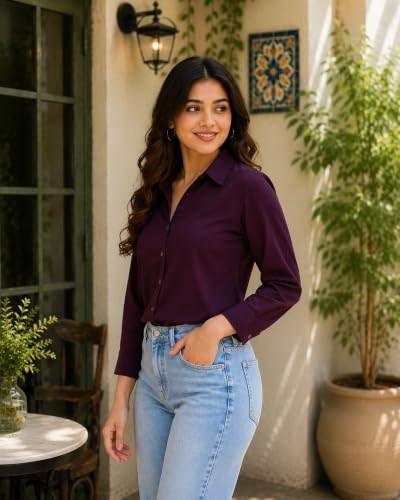 Image of FUNDAY FASHION Women Solid Regular Fit V Collered Casual Shirt