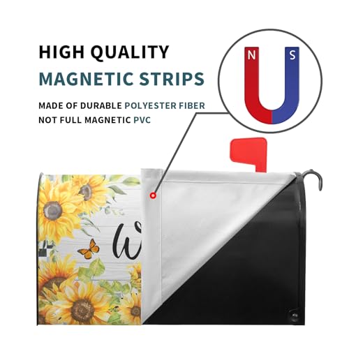 Image of Spring Summer Welcome Mailbox Cover Magnetic Standard Size 25.5 inchx21 inch Sunflower Butterfly Decorative Mailbox Covers Farmhouse Rustic Decor Post Letter Box Cover Wrap for Outside Spring Decoration