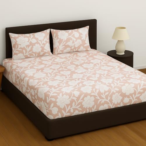 Image of Elastic Fitted Bedsheets with 2 King Size Pillow Covers | Double Bed with All Around Elastic, Size 72 x 78 x 8 Inches (Pink Floral)
