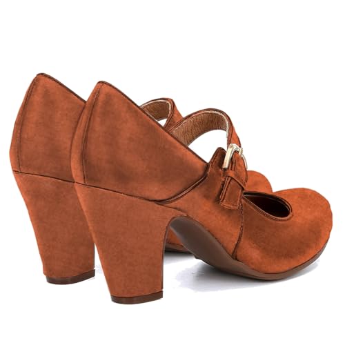 Image of SHODENSE Women Vintage Chunky High Heel Mary Jane Shoes Round Closed Toe Ankle Strap Dress Sandals 3 inch Block Heels Mary Jane Lolita Pumps Two-Toned Patchwork Buckle Office Lady Wedding Retro 4-11 M US