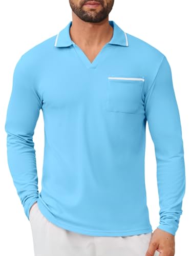 Mens Polo Shirts Long Sleeve Lightweight Casual Collared Polo Shirt Vintage Golf T Shirts Old Money Tops with Pocket