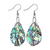 Pendientes de Concha de abulón Natural con Cuentas de Moda, Envoltura de Cable Chapado en Color Plateado, árbol de la Vida, Gota de Agua, joyería