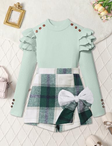 Image of Girls Clothes 2 Piece Ruffle Long Sleeve Shirt Top and Bow Plaid Skirt Set Girls Fall Winter Outfits 6-16 Years