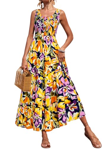 Image of PRETTYGARDEN Smocked Tank Floral Maxi Dresses for Women 2026 Wedding Guest Dress Sleeveless Flowy Long Sundress with Pockets