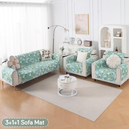 Image of HOKIPO AB Dual Design Quilted Sofa Cover 5 Seater, 3+1+1 Sofa Cover Set, Easy Drape Series, Fresh Meadow (IN-1101 + IN-1099 * 2-ED6)