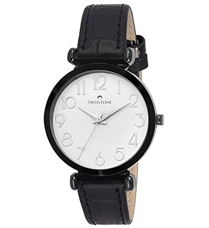Swisstone CK301-WHT-BLK White Dial Black Leather Strap Wrist Watch for Women/Girls