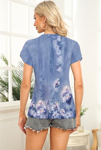 Image of Womens Petal Sleeve Tops Summer Trendy T Shirt Casual Loose Square Neck Button Blouse Tees