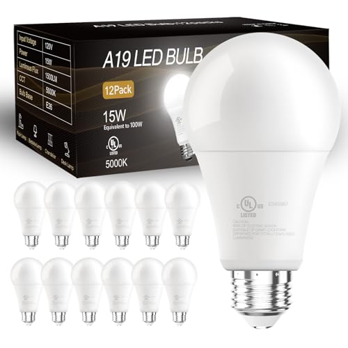 DAYBETTER LED Light Bulbs, A19 5000K Daylight Light Bulbs 100 Watt Equivalent, 1500LM Bright White Light Bulbs, E26 Standard Base, Non-Dimmable, 15 Watt Lightbulbs for Home Office, 12 Pack