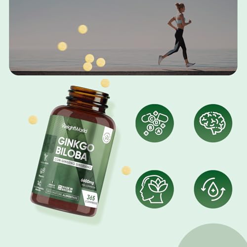 Ginkgo Biloba + Ginseng Siberiano Eleuterococco 25:1, 6600mg Alto Dosaggio, 365 Compresse (1 Anno) 50:1 Estratto Ginkgo Biloba, 24% Flavonoglicosidi 6% Terpenlattoni, Nootropico Naturale Senza Glutine - 3