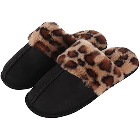 JAWINKI Women's Cozy Memory Foam Slippers, Fuzzy House Slippers for Women, Fluffy Soft Comfy Faux Fur Plush Anti-Skid Indoor/Outdoor (5-6 UK, Leopard Print) Cover