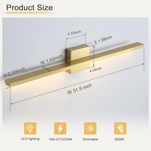 Image of Gold Bathroom Light Fixtures Over Mirror, 32 Inch Brass Bathroom Vanity Light, LED Modern Wall Sconce 3000K Bar Vanity Lights