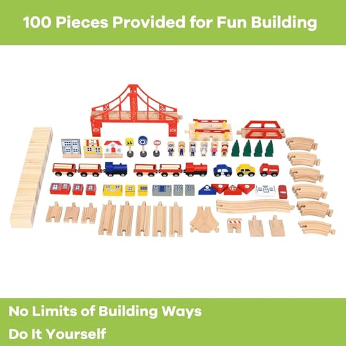 Image of Costzon Wooden Train Table with 100 Multicolor Pieces | Kids Activity Table w / Large Rolling Storage Drawer, Tracks, Cars, DIY Design, Train Set Table for Boys Girls Toddlers 3+