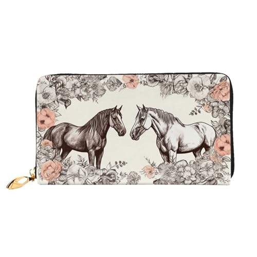 Leather Wallet for Women Men Bifold Wallet Ultra Slim Credit Card Holder Flowers and Horses Hand Drawn Ladies Clutch Purse
