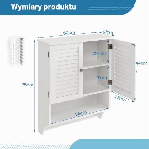 COSTWAY Szafka wisząca, 3 półki, szafka łazienkowa z regulowaną półką, szafka ścienna, szafka łazienkowa wisząca (biała), 58 x 22 x 75 cm, BA7874DE