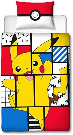 Pokemon Pikachu Single Duvet Cover | Officially Licensed Reversible Pokeball Two Sided Super Memphis Design with Matching Pillowcase, Polyester