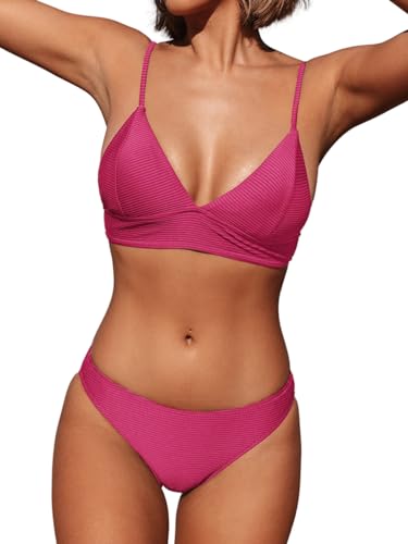 CUPSHE Damen Bikini Set V Ausschnitt Triangel Breites Unterbrustband Rippstruktur Bademode Zweiteiliger Badeanzug Swimsu...