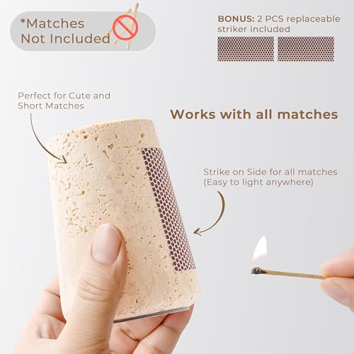 WORHE Travertine Match Holder with Striker & Extra Striker Pad - 2.9" x 3.9" Large Decorative Matchstick Organizer for Fireplace, Candles, Parlor Match Jar for Home Decor Gift, Matches Not Included by WORHE - Image 4