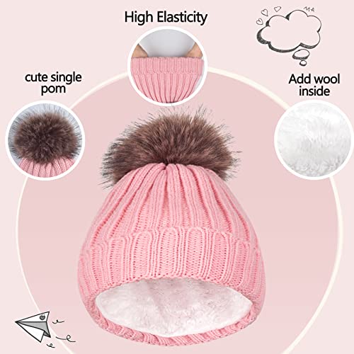 Kids Winter Knit Beanie Hat Scarf And Gloves Set For Girls Boys Warm Thick Fleece Lined Thermal Pink Skull Cap Mittens Infinity Scarf Neck Warmer With Pompom For 6-10 Years Old Baby Toddler Children #TOP1