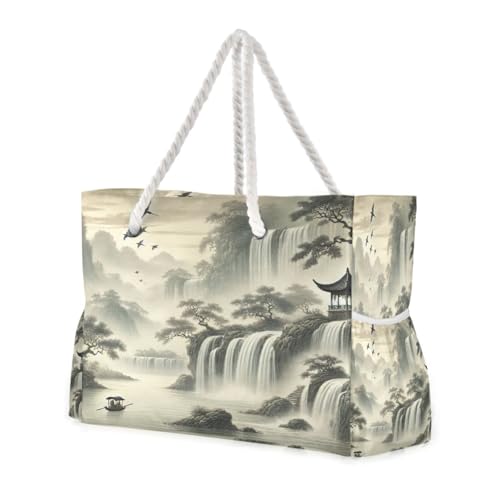 Waterfall Boat Birds Beige Beach Tote Bag for Women Waterproof Swim Pool Extra Large Beach Bags with Zipper Carry On Travel Bag for Grocery Vacation Essentials Yoga Nurse Gym