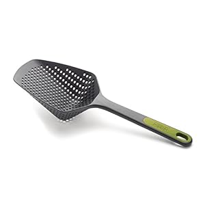Joseph Joseph Scoop Plus Colander, Spoon Drainer/Strainer, Scoop, Drain and Serve, heat resistant up to 200°C (392°F), Dishwasher safe, Large, Grey/Green, 4