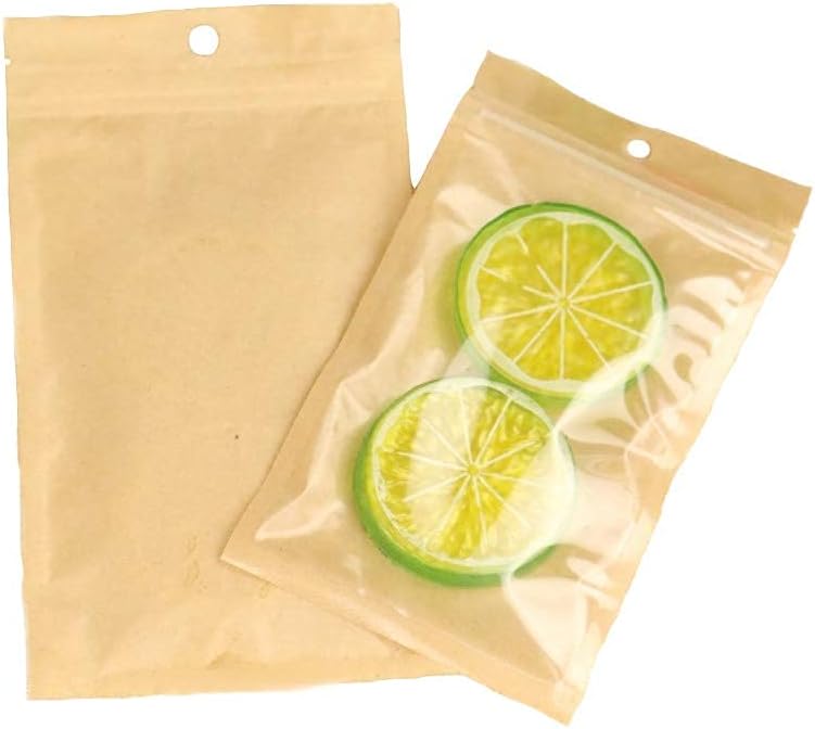 100PCS Small Size Clear Plastic Front Zip Lock Bags Kraft Paper Brown Resealable Plastic Poly Packaging Bags for Jewelry Spices Coffee Candy Wrapper (18x26cm (7.1x10.2 Inch))