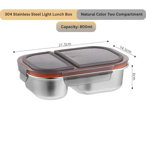 Image of Motka Premium 800 ml 2-Compartment Bento Lunch Box | Stainless Steel Slim Compact Tiffin | Leak-Proof Food Container| BPA & Odour-Free| Ideal for Office, Travel & School (Natural-Black Lid)