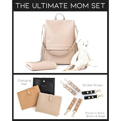 MIA + SOPHIA Leather Diaper Bag Backpack with USB Charging port, Changing Pad, Stroller Straps (Beige Mia)