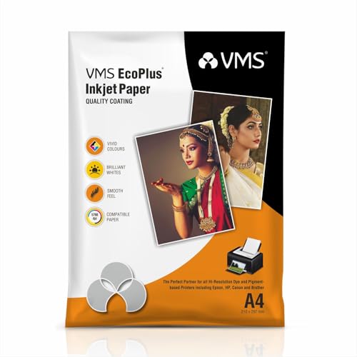 Image of VMS EcoPlus 180 GSM A4 Glossy Photo Paper - Water Resistant, Pack of 20 sheets, Compatible with all Inkjet Printers