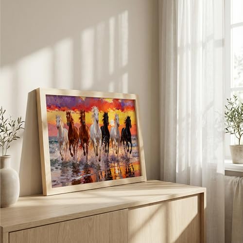 Image of Suneree 7 Horse Painting Vastu for Home - Running Horses Wall Art Framed Landscape | Seven Horses Wall Painting for Living Room Decor (Natural, Design 01, 10x13 Inch)