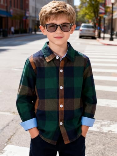 Image of Size 5-10 Years Boys' Long Sleeve Buffalo Plaid Button-Down Shirt Fall Thin Outfits Kids Clothes