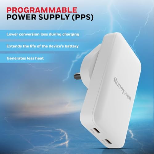 Image of Honeywell Zest Ultra-Thin GaN 45W Dual Type-C PD 3.0 Wall Charger with PPS Support, Ultra-Fast Charging, Compatible with iPhone, iPad Pro, Pixel, Galaxy, OnePlus, Tablets & Smartwatches | PPS Support, Ultra-Fast Charging, Compatible with iPhone, iPad Pro, Pixel, Galaxy, OnePlus, Tablets & Smartwatches