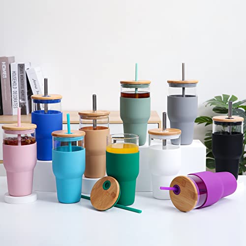 Kytffu 32Oz Glass Tumbler With Straw And Lid, Reusable Boba Smoothie Cup Iced Coffee Tumbler With Silicone Sleeve, Fits Cup Holder Glass Water Bottle Bpa Free, Gray #TOP5