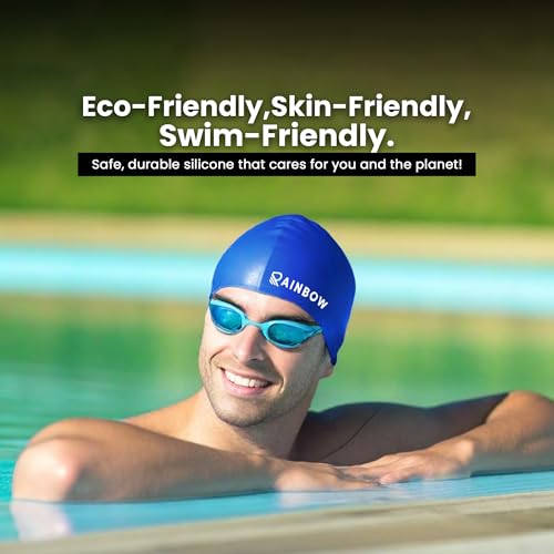 Image of Rainbow Silicone Swimming Cap for Men, Women & Kids | Stretchable Swim Cap for Long & Short Hair | Durable, Waterproof & Comfortable Fit - Electric Blue