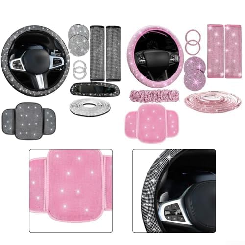 Lot de 10 housses de volant de voiture avec support de téléphone en strass et dessous de verre - Intérieur en velours ultra doux - Rose